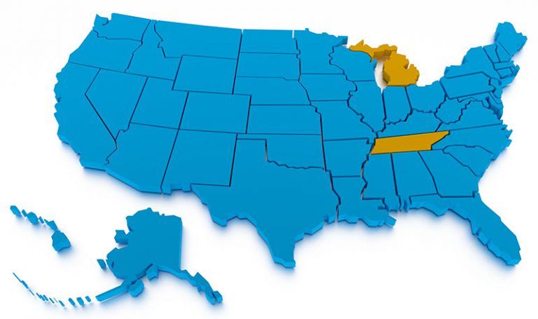 a map of the United States with two states highlighted to demonstrate owning assets in multiple states