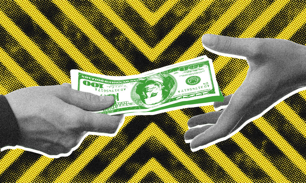 A graphic of one hand passing a U.S. hundred-dollar bill to another hand, symbolizing estate planning