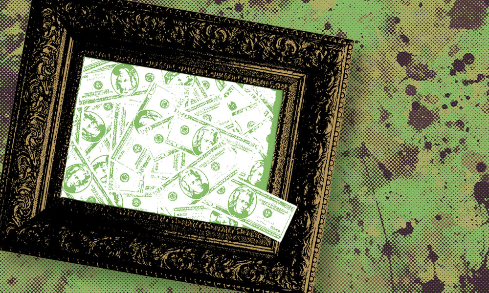 An ornate, black picture frame encloses an image filled with overlapping U.S. dollar bills against a textured, splattered green and brown background