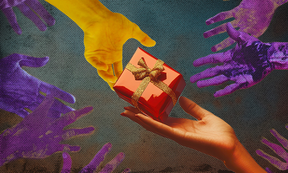 A vibrant illustration of hands reaching for a gift being passed between two individuals, symbolizing the transfer of an estate to non-relative beneficiaries over family.