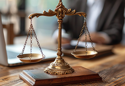 A balanced scale placed on a desk reflects the importance of fairness, legal documentation, and inheritance rights in estate planning.