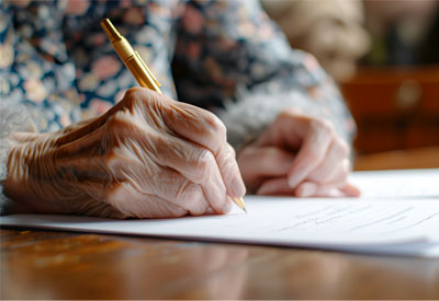 An elderly person signing documents related to estate planning, asset distribution