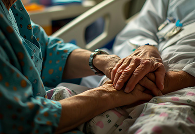 Close-up of elderly hands holding one another in a hospital setting, emphasizing care, support, and end-of-life planning.