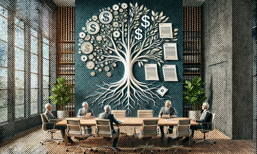 A metaphorical depiction of business succession planning integrated into estate planning, featuring a family tree with roots blending into documents and a conference table of advisors symbolizing collaboration and legacy.