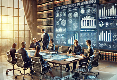 A professional estate planning meeting with financial and legal advisors collaborating with family business owners to discuss wealth transfer and legacy for future generations.