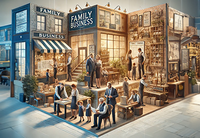 A vibrant scene of a multigenerational family business in operation, symbolizing teamwork, business succession planning, and preserving wealth and legacy.