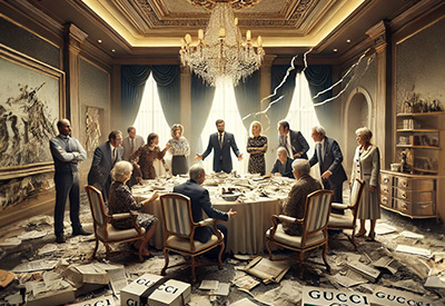 A dramatic depiction of a fractured family boardroom during a failed business succession plan, inspired by the Gucci family conflict, symbolizing tension and the challenges of wealth and legacy preservation.