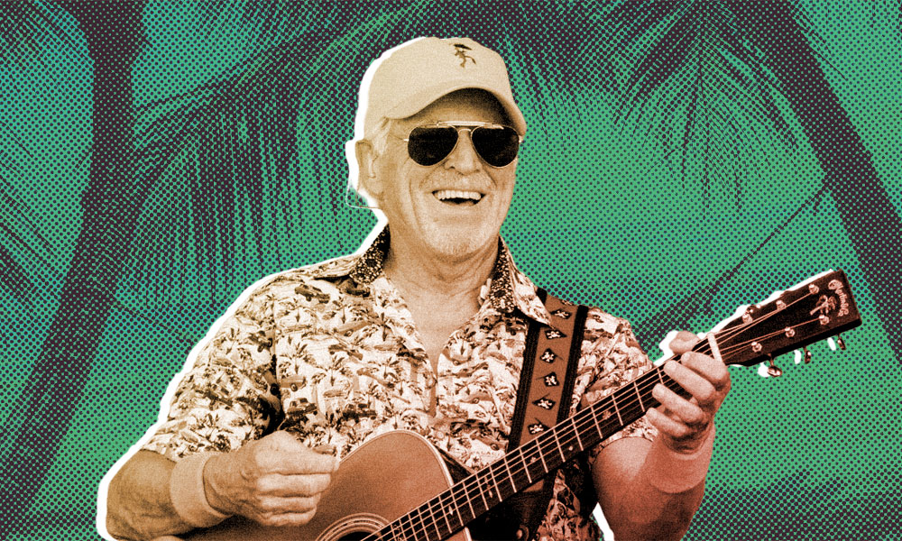 A person, channeling a Jimmy Buffett estate vibe, wears sunglasses, a baseball cap, and a patterned shirt while playing an acoustic guitar. Silhouetted palm trees stand against a green backdrop