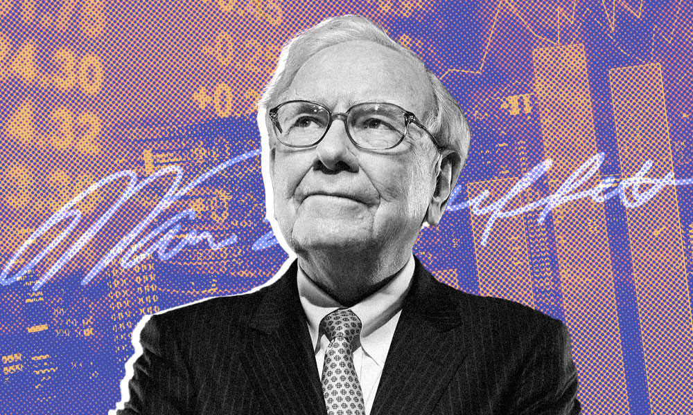 An elderly man in a suit and tie stands against a graphic background featuring stock numbers and charts with a signature overlaid, reminiscent of Warren Buffett's financial insight.