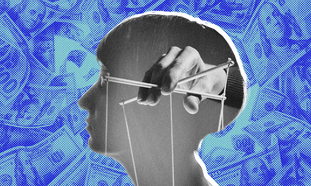 A grayscale silhouette of a head with a hand above it manipulating strings, resembling a puppet, hints at strange inheritance. 