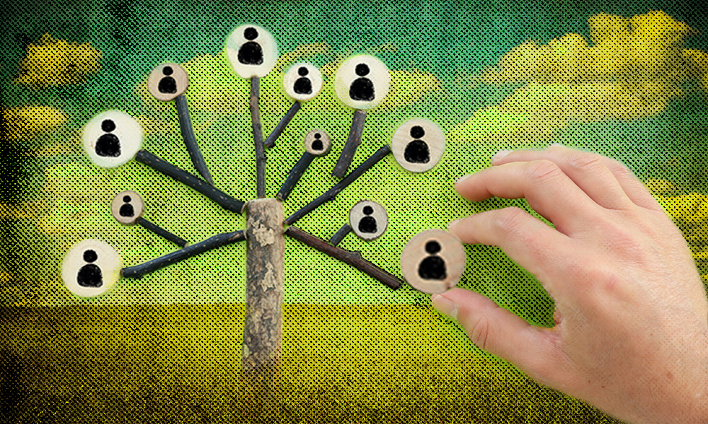 A symbolic family tree with silhouettes and a hand rearranging branches, representing the impact of children born out of wedlock on inheritance rights and estate planning.