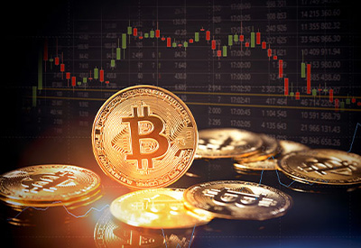Golden Bitcoin coins displayed against a backdrop of a fluctuating stock chart represent the unpredictable nature of cryptocurrency trading and market volatility