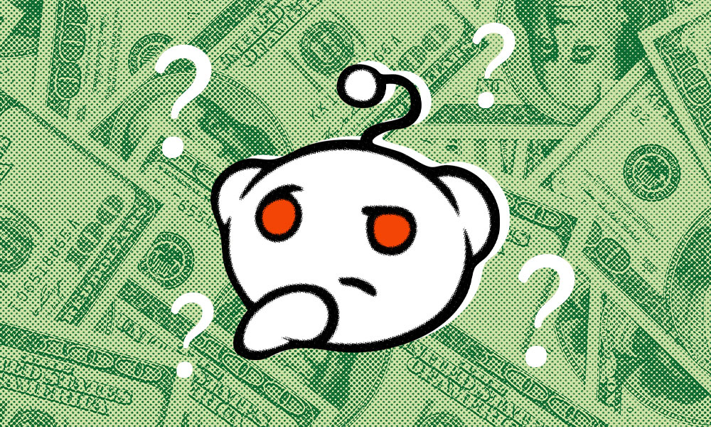 An illustration of the Reddit alien mascot with a thoughtful expression, surrounded by question marks and a background of dollar bills. 