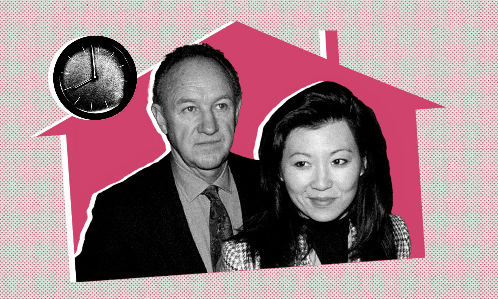 A black and white image depicts a man and woman in formal attire before a pink silhouette of a house on a patterned background
