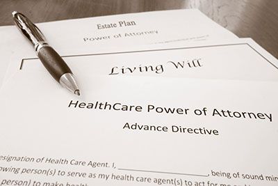 three documents titled estate plan, living will, and healthcare power of attorney advance directive