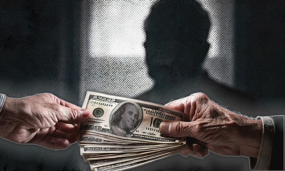 Hands exchanging cash in front of a shadowy figure, symbolizing the exploitation and loss of rights faced by vulnerable seniors under corrupt guardianship systems.