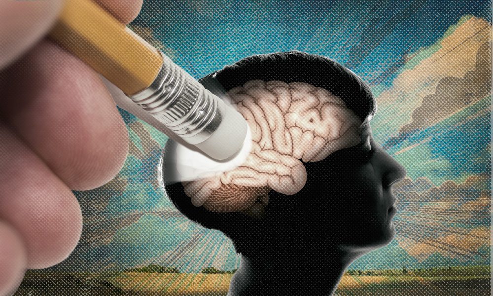 A pencil erasing part of a brain inside a silhouette, symbolizing the cognitive decline associated with dementia and the critical need for proactive estate planning.