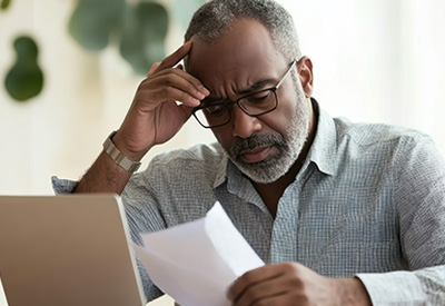  A middle-aged man reviews important legal documents at his laptop, symbolizing the need for estate planning and incapacity planning.