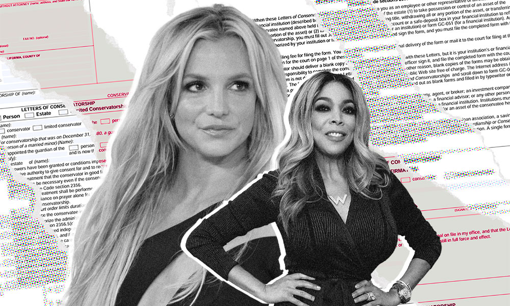 Two women stand confidently, their images intertwined with a backdrop of documents and text.