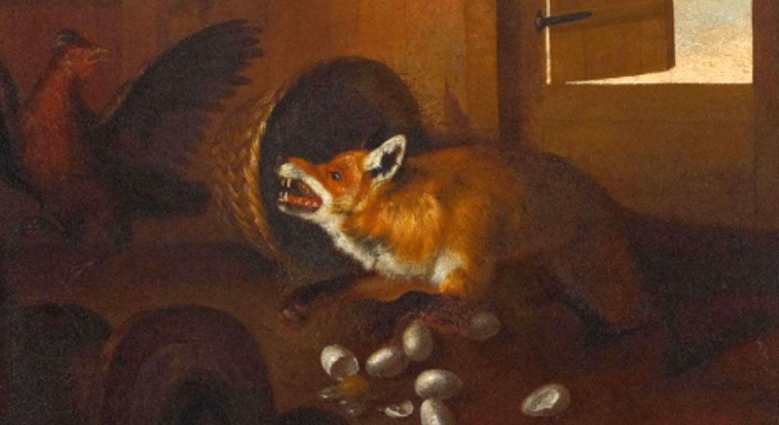 Guardians - Painting of a fox in a hen house