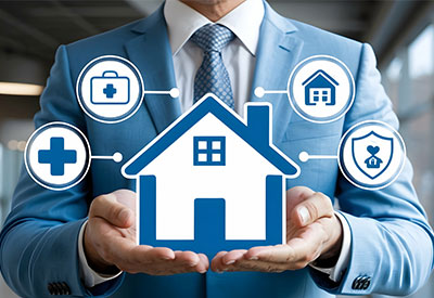 A man in a suit holds a symbol of a house surrounded by icons representing health, protection, and stability