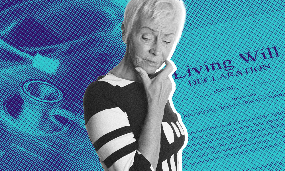 An elderly woman with a thoughtful expression is set against a blue-toned, halftone background featuring a stethoscope and an 'Advance Directive' document