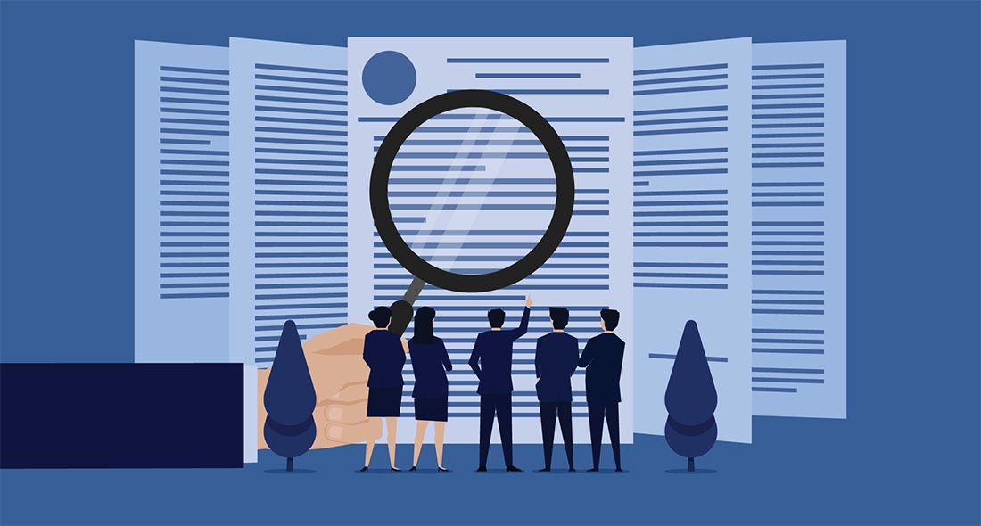 a graphic of people inspecting a large Advance Directive document with a magnifying glass