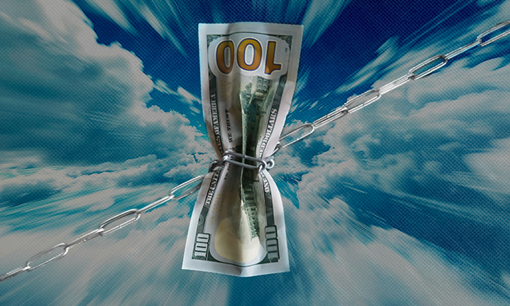 A $100 bill constrained by a chain against a dynamic background symbolizes how Miller trusts can help navigate state income limits to qualify for Medicaid benefits.