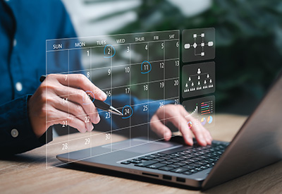 A digital calendar interface with a professional scheduling an event