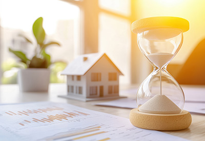 An hourglass placed next to a model house and financial documents