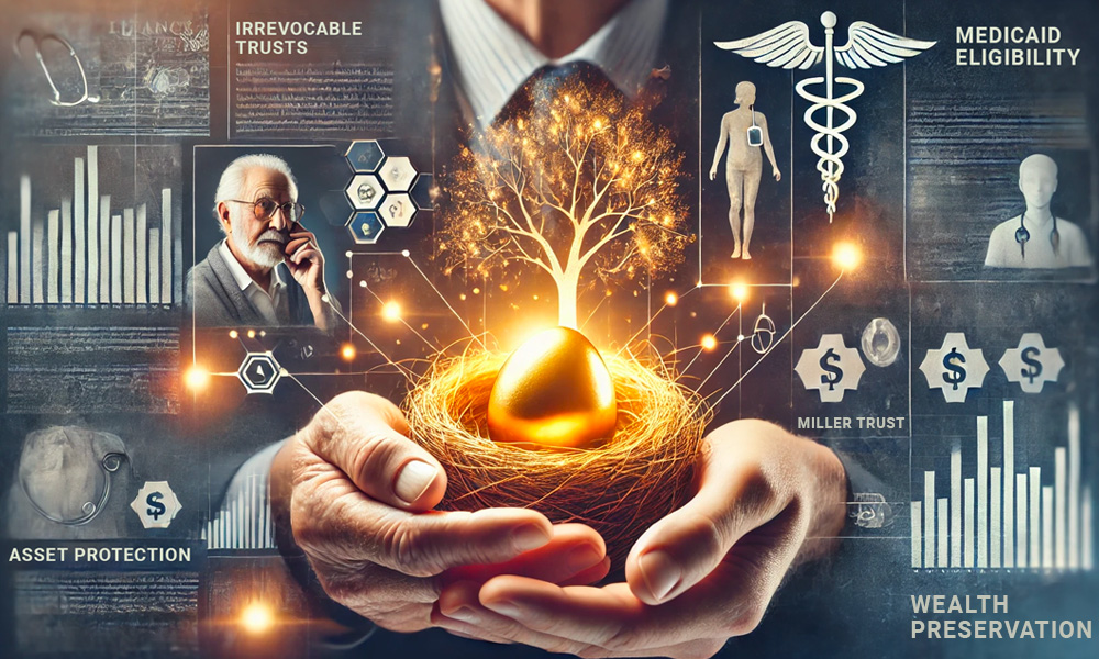 A symbolic collage featuring hands holding a glowing golden nest egg beneath a family tree, surrounded by visuals of medical symbols, legal documents, and financial charts