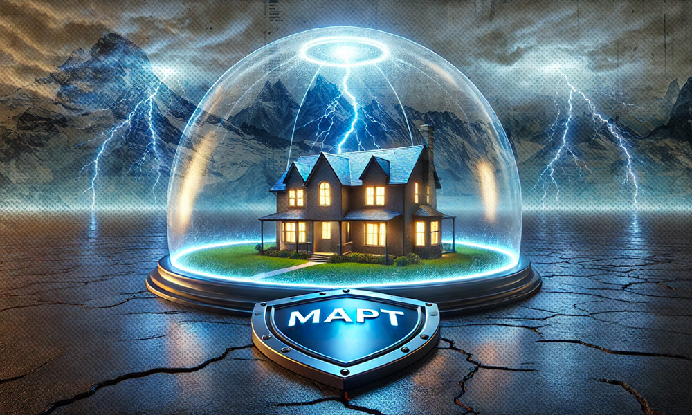 A family home encased in a glowing protective dome with a shield labeled 'MAPT' at its base, surrounded by a stormy landscape