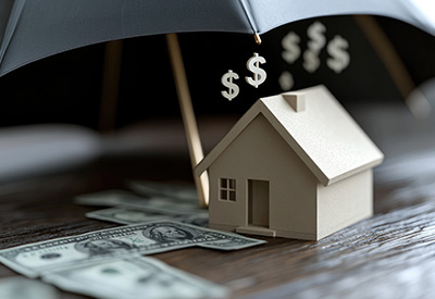 A miniature house protected under a large umbrella surrounded by dollar bills