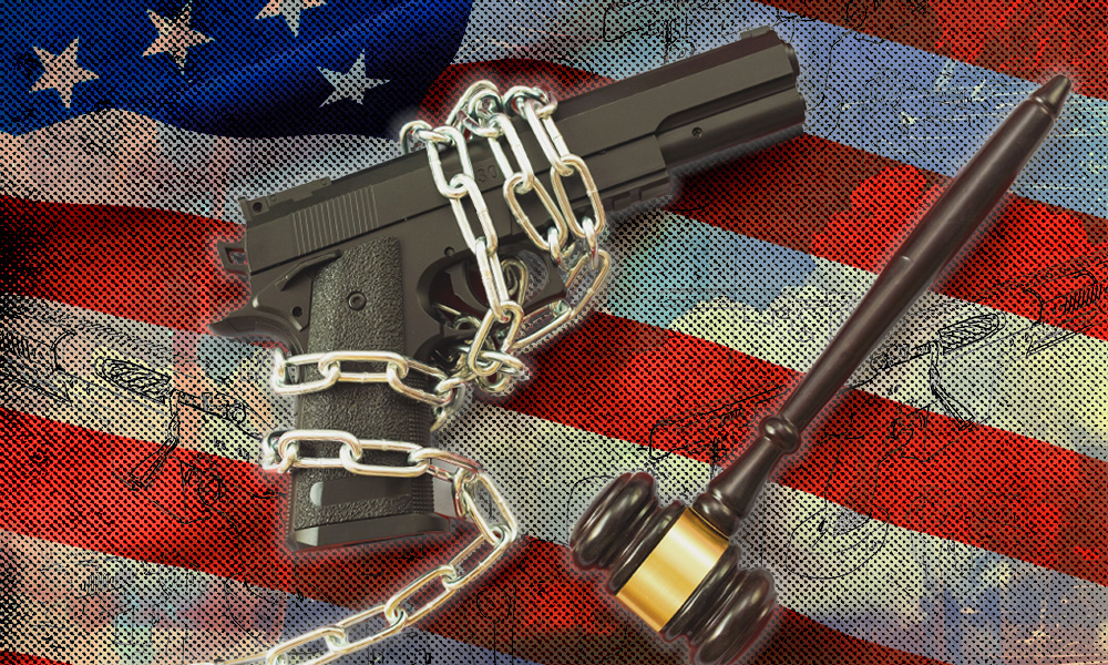 A handgun wrapped in chains alongside a gavel over a U.S. flag background