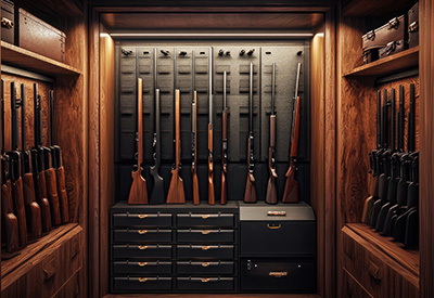 A well-organized gun safe filled with rifles and shotguns, symbolizing responsible firearm ownership, inheritance, and estate planning.