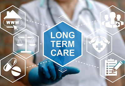 A healthcare professional interacting with a digital 'Long-Term Care' interface