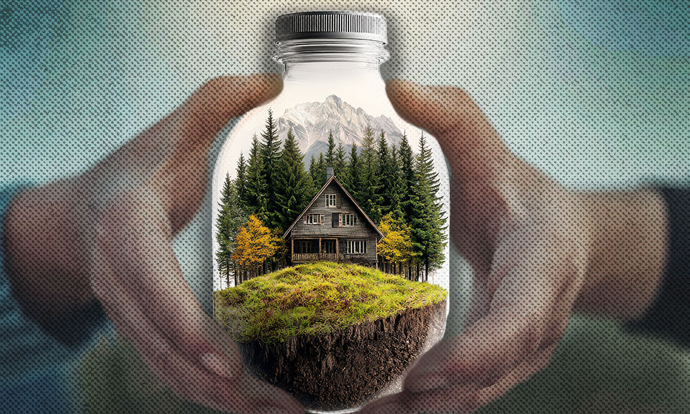 A rustic cabin surrounded by trees enclosed in a glass jar