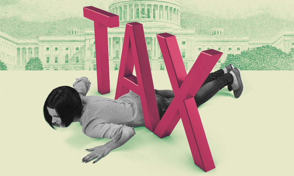 A person is shown trapped beneath large red letters spelling 'TAX,' with a backdrop resembling a government building