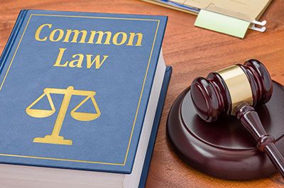 a large book with the title of Common Law sitting right next to a gavel