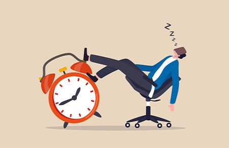 a cartoon of someone sleeping next to an alarm clock while procrastinating