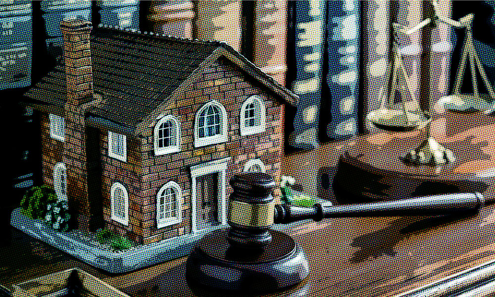 A miniature brick house placed next to a wooden judge's gavel on a desk, symbolizing estate planning or legal matters. The background features blurred office elements.