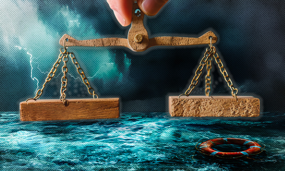 A balance scale held above stormy waters with a life preserver nearby