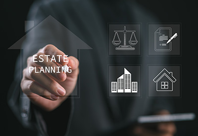 son interacting with a digital interface featuring estate planning icons