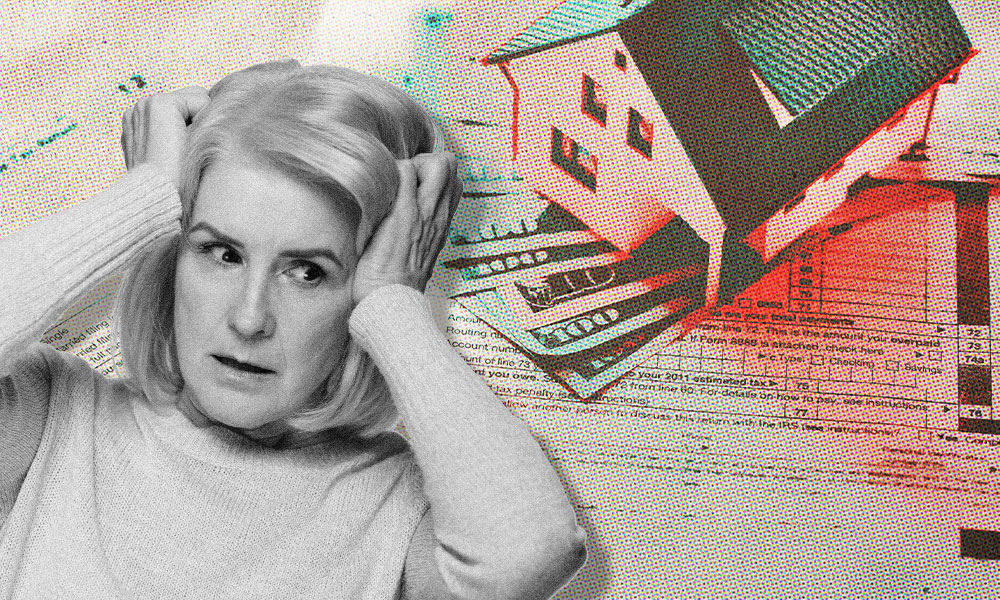 A concerned woman holds her head, standing in front of an illustration of a house and financial documents.