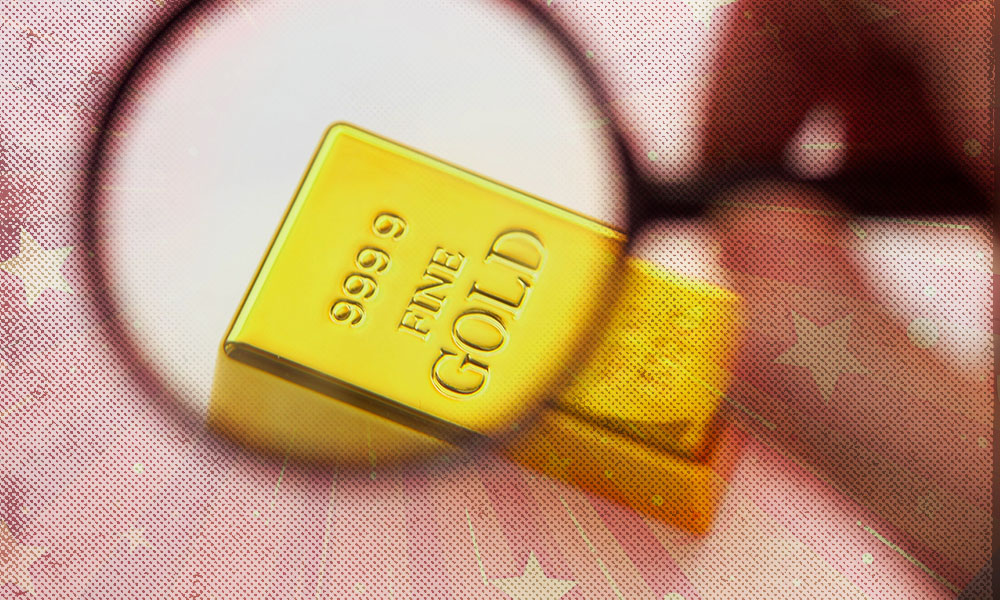 A gold bar under a magnifying glass, symbolizing the importance of understanding taxes, valuation, and smart decision-making when inheriting gold bars.