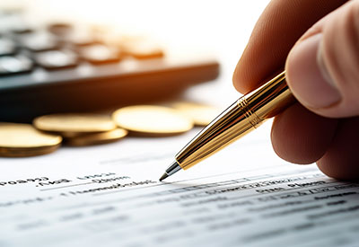 A hand signing financial documents with a gold pen, highlighting estate planning, gold appraisal, and inheritance documentation.