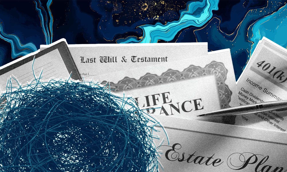 A collage featuring financial and legal documents like a Last Will, Life Insurance, and 401k forms