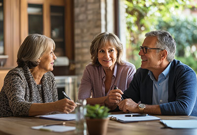 Three seniors sit at a table, smiling and discussing documents, representing professional estate planning and the importance of will preparation with an estate planning attorney.