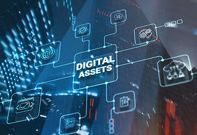 A futuristic digital interface displays 'Digital Assets' with connected icons, highlighting the need for digital asset planning and understanding estate tax implications in the modern world.