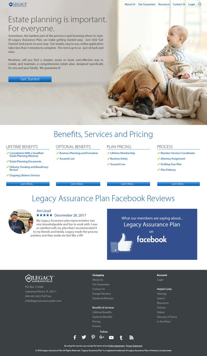 Screenshot of the Legacy Assurance Plan home page